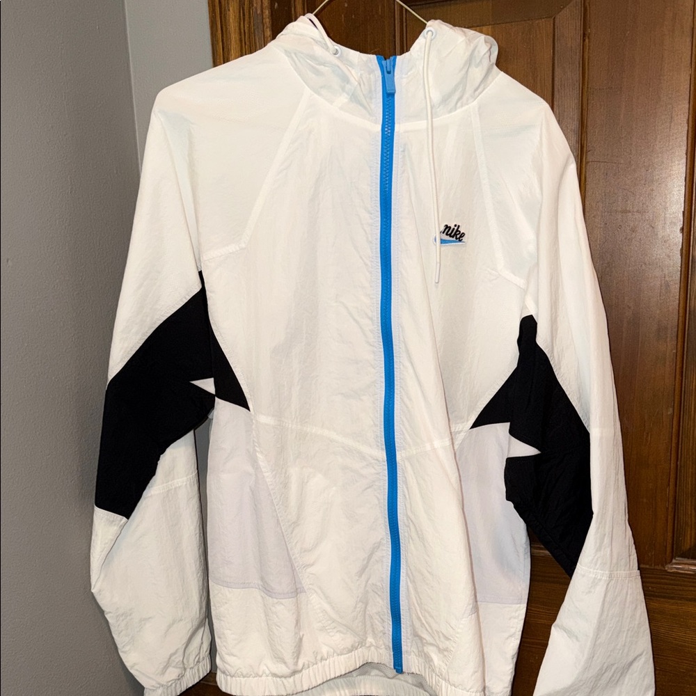 Nike White and Black Jacket with Blue Zipper